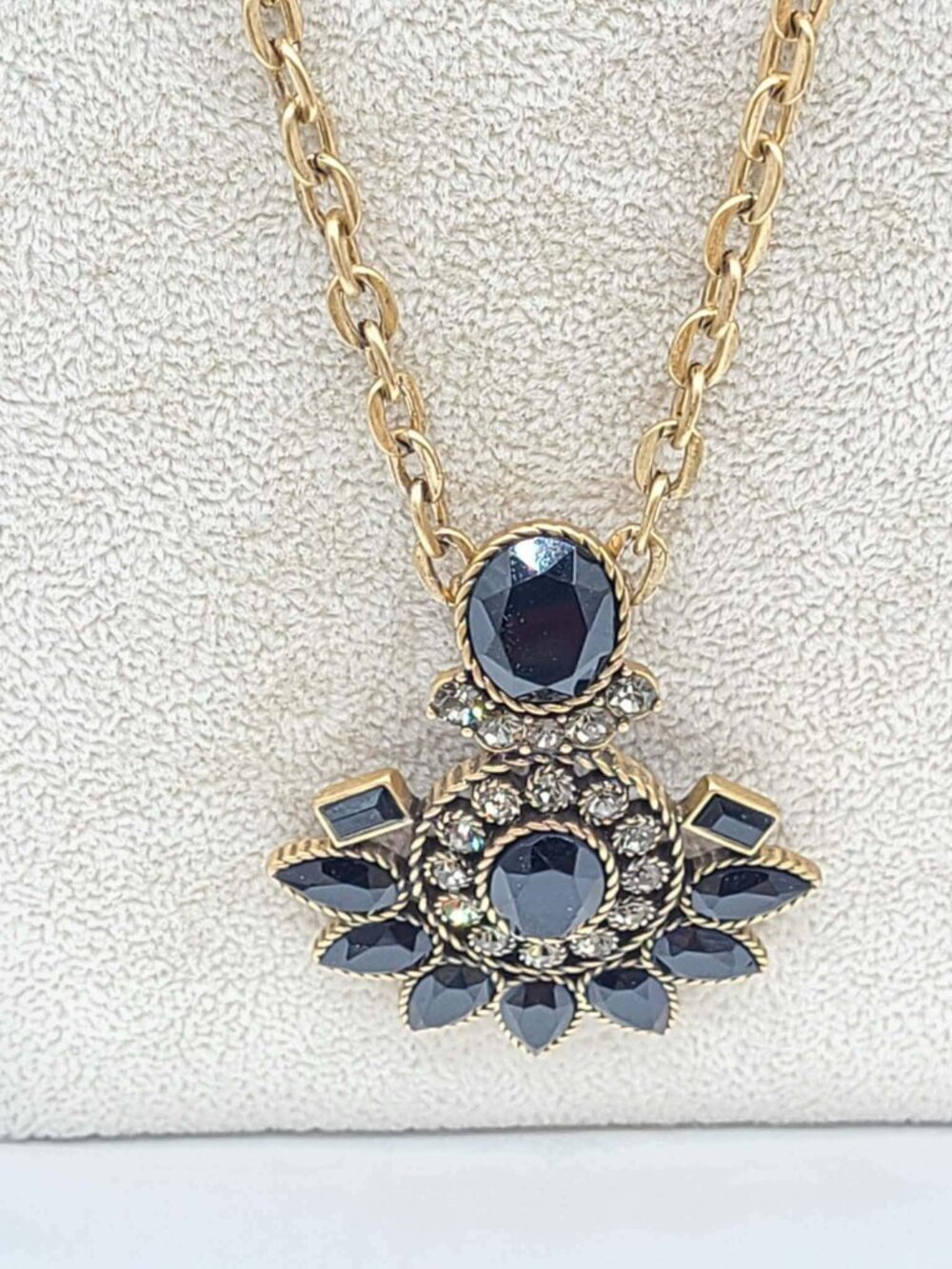 J Crew Black Resin Clear Crystal Gold Tone Pendant Long Necklace